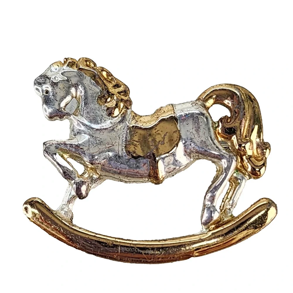 Vintage Danecraft Rocking Horse Brooch Pin Figural Gold Silver Tone Signed Metal